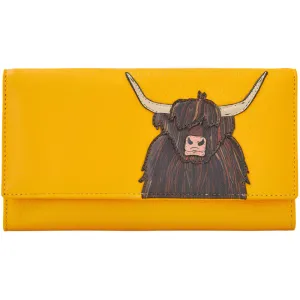 Yoshi Highland Cow Flap Over Yellow Leather Purse