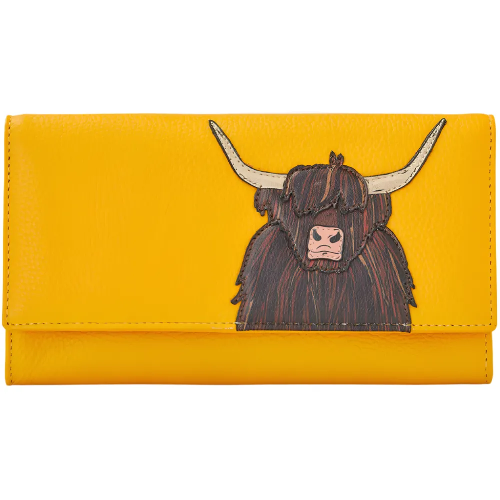 Yoshi Highland Cow Flap Over Yellow Leather Purse