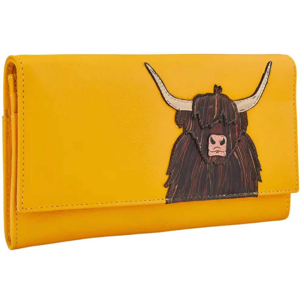 Yoshi Highland Cow Flap Over Yellow Leather Purse