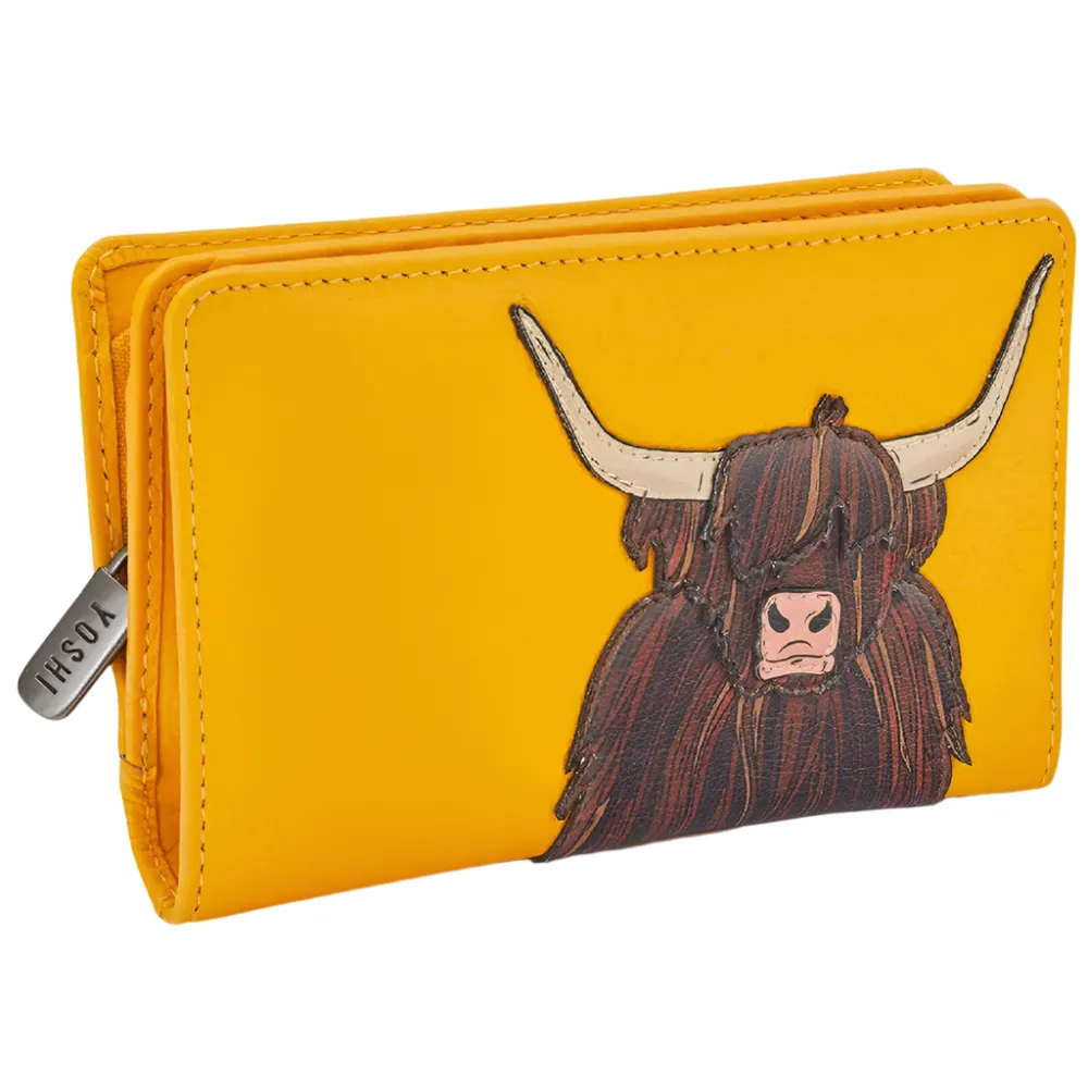 Yoshi Highland Cow Zip Around Yellow Leather Purse