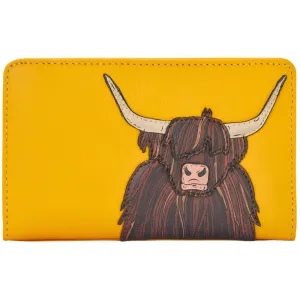 Yoshi Highland Cow Zip Around Yellow Leather Purse
