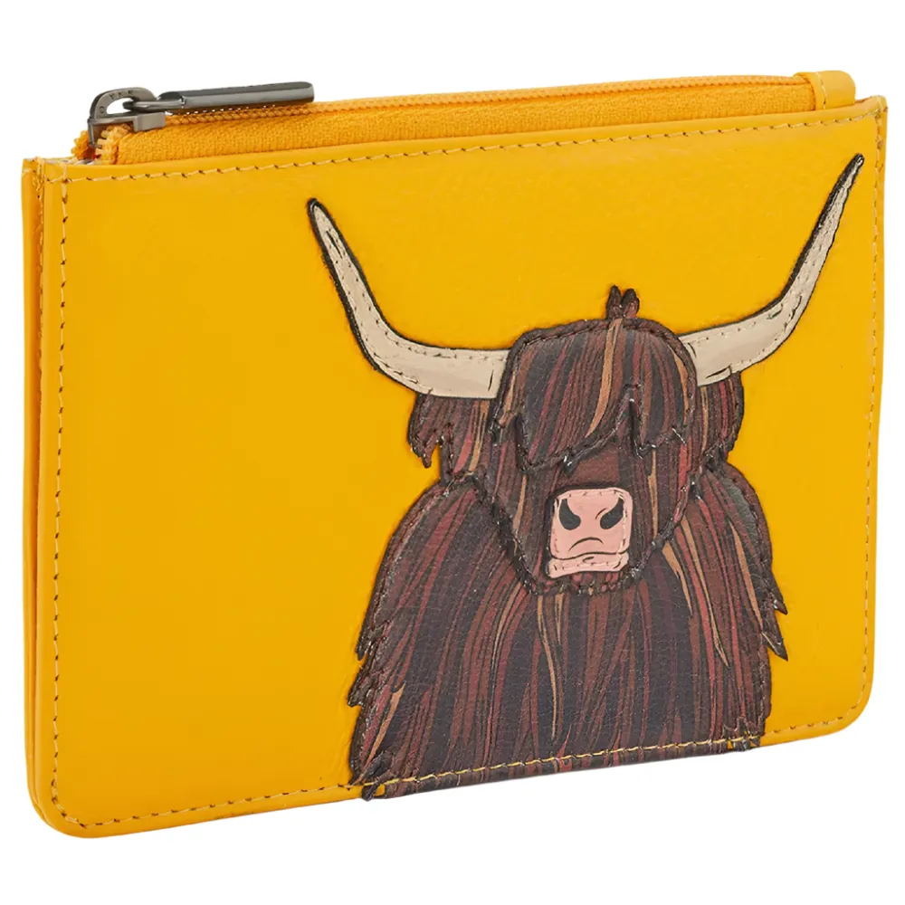 Yoshi Highland Cow Zip Top Yellow Leather Purse