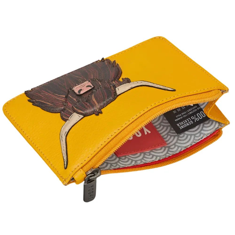 Yoshi Highland Cow Zip Top Yellow Leather Purse